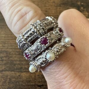 Vintage JUDITH RIPKA  Sterling Silver STACKING RING SET SIZE 8 Pearl Ruby CZ 925